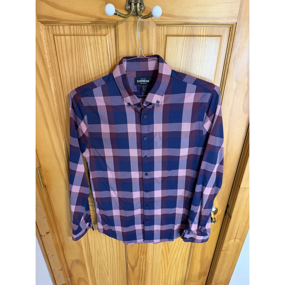 Express Performance Mens S Extra Slim Fit Plaid Stretch Button Down Shirt